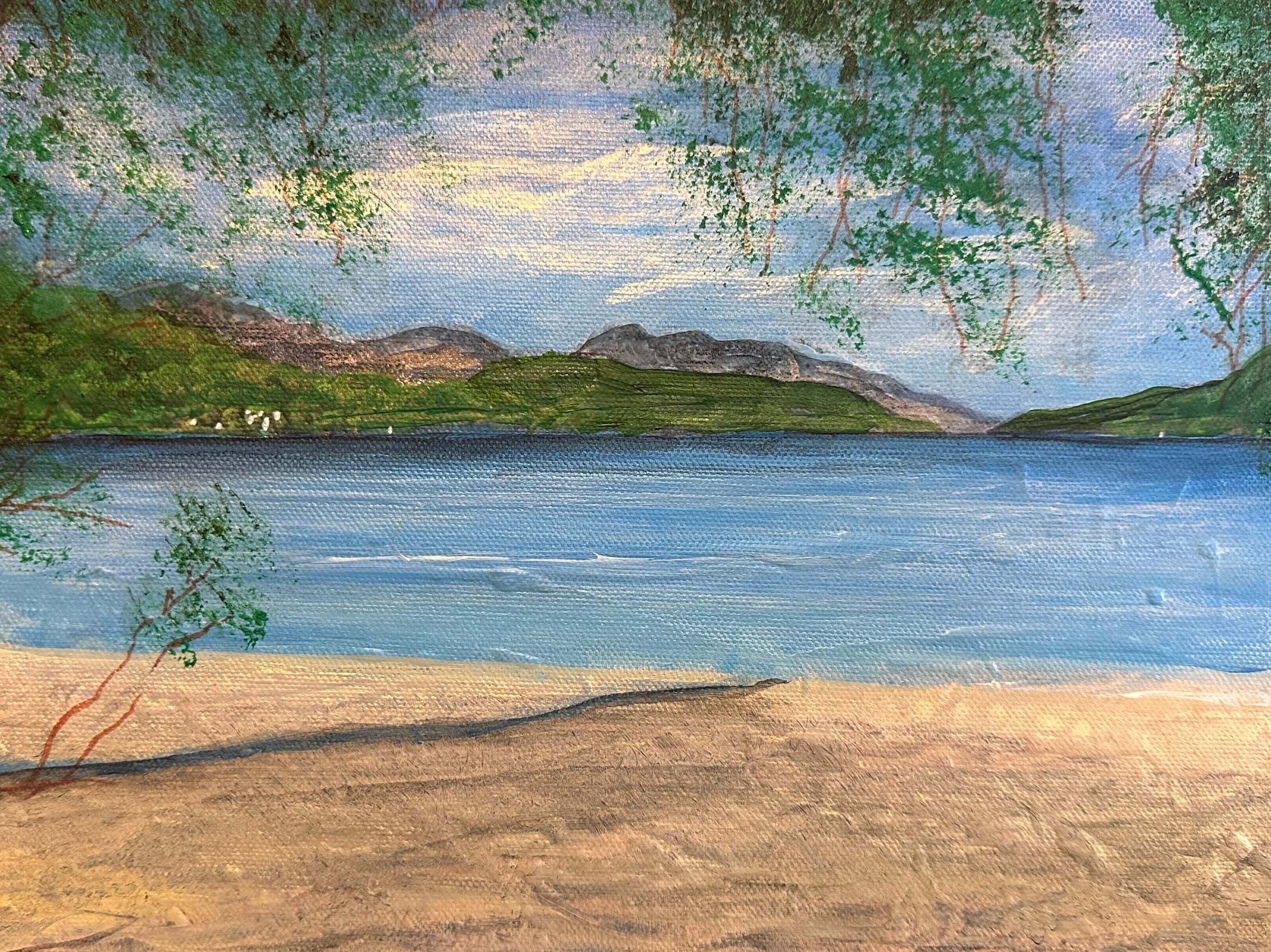 Landscape painting of a lake and mountains from Firkin Point Loch Lomond Original Painting