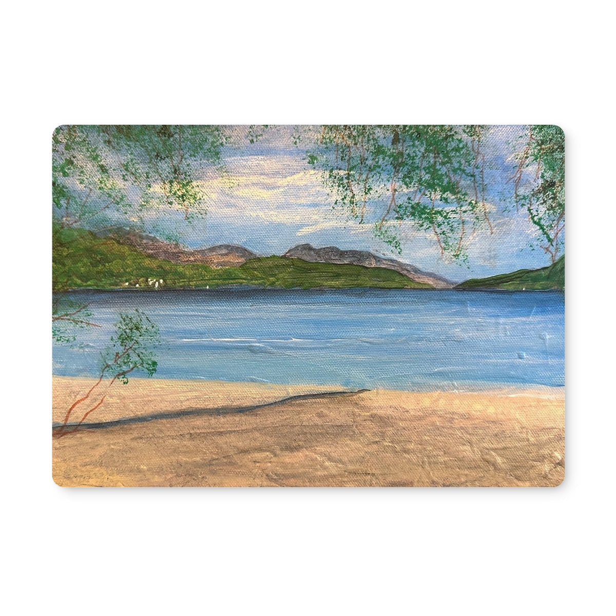 Firkin Point Loch Lomond placemat with beach scene and mountains