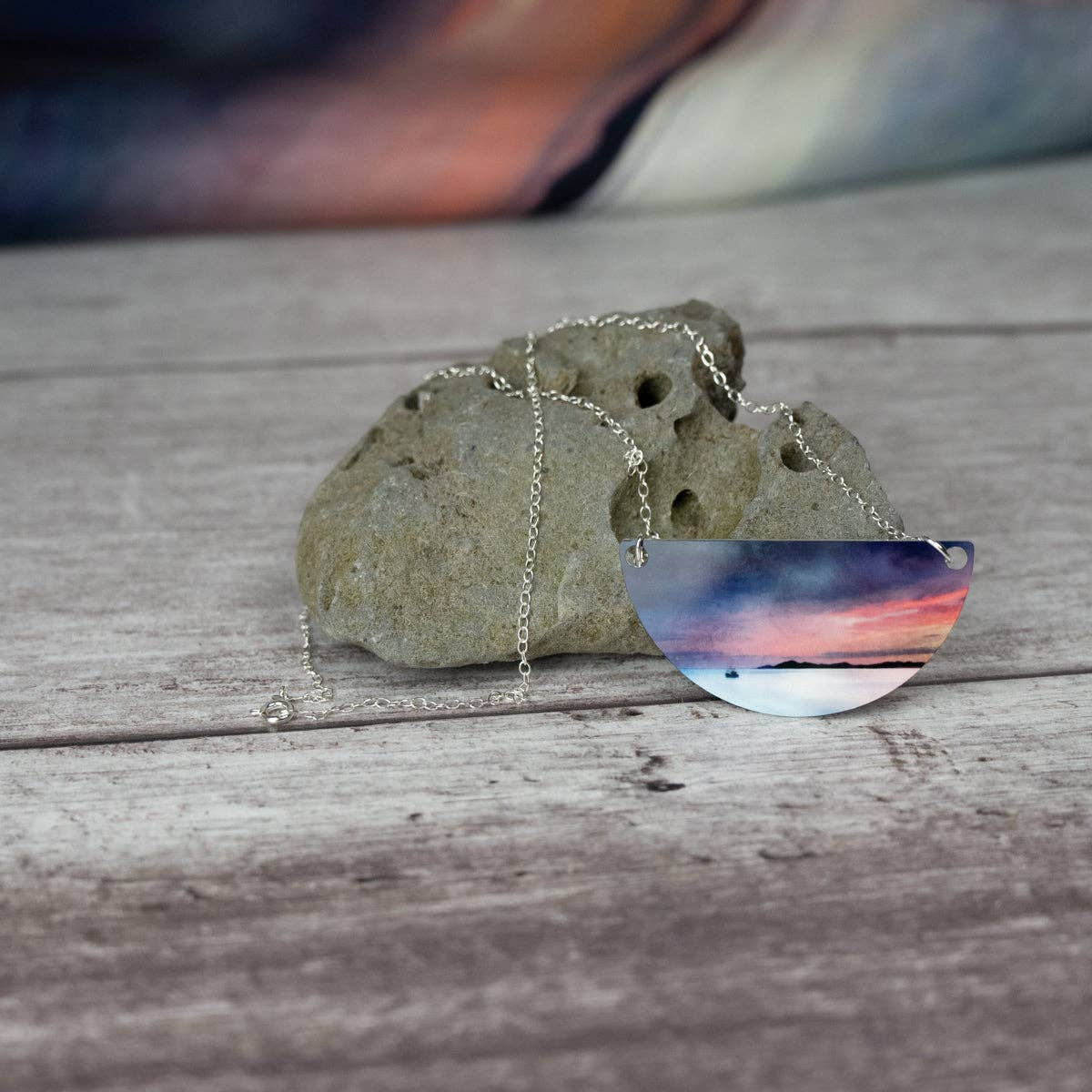Silver necklace with semi-circular sunset pendant, Fishing the Little Minch by Cath Waters