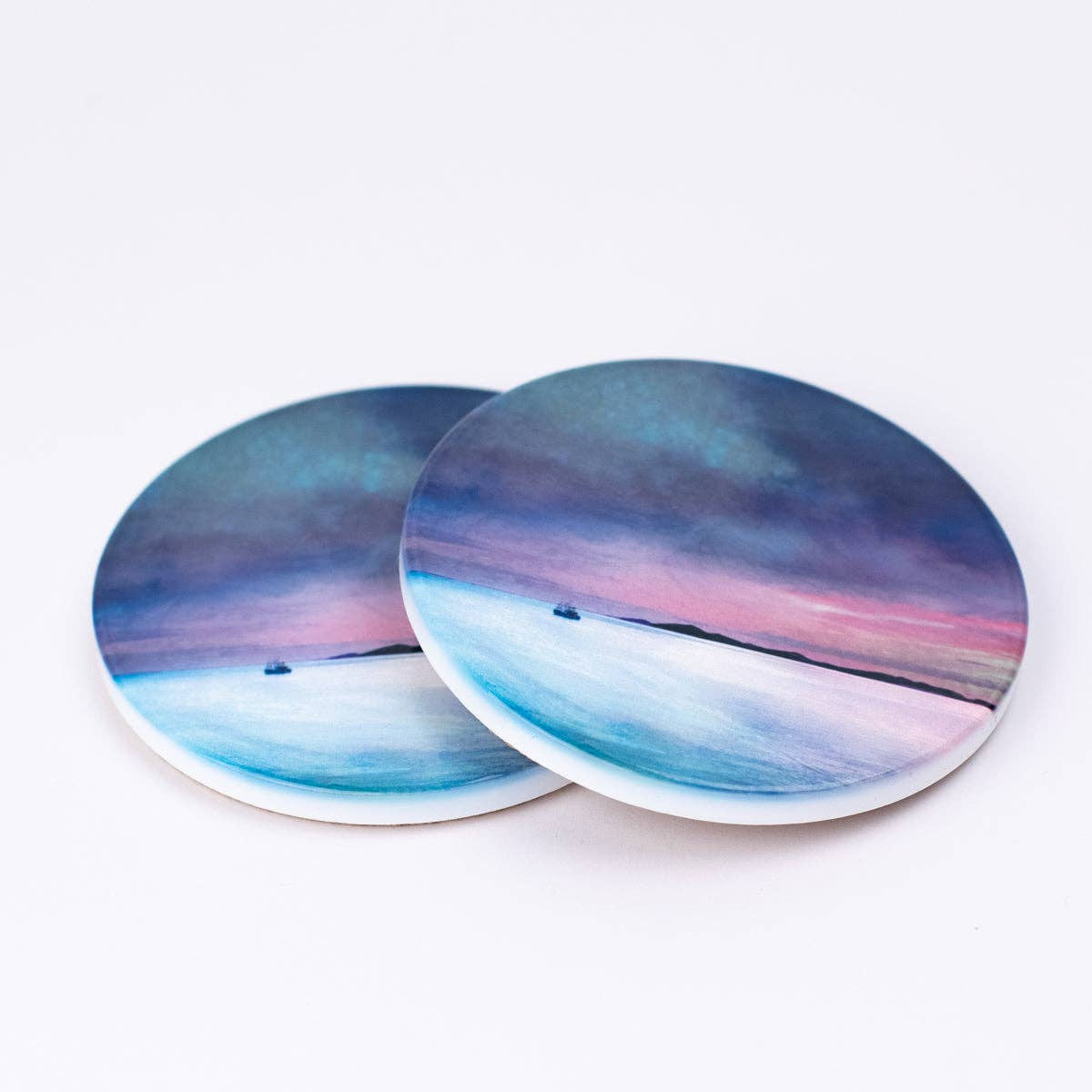 Fishing the Little Minch ceramic coaster with painted sunset over water