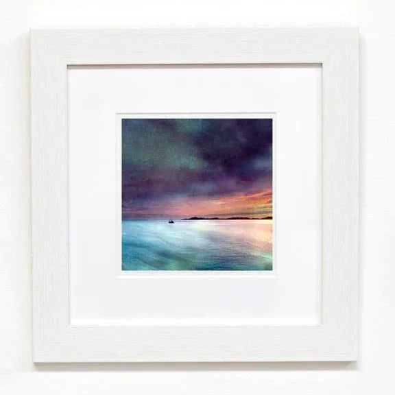 White framed Fishing the Minch print with watercolor seascape