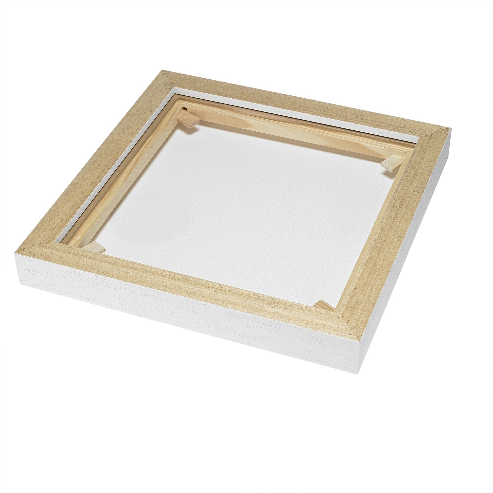 Floating wooden square frame with white background and natural wood finish