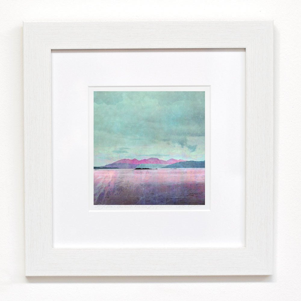 Framed watercolor of Isle of Arran: teal skies, pink mountains in water