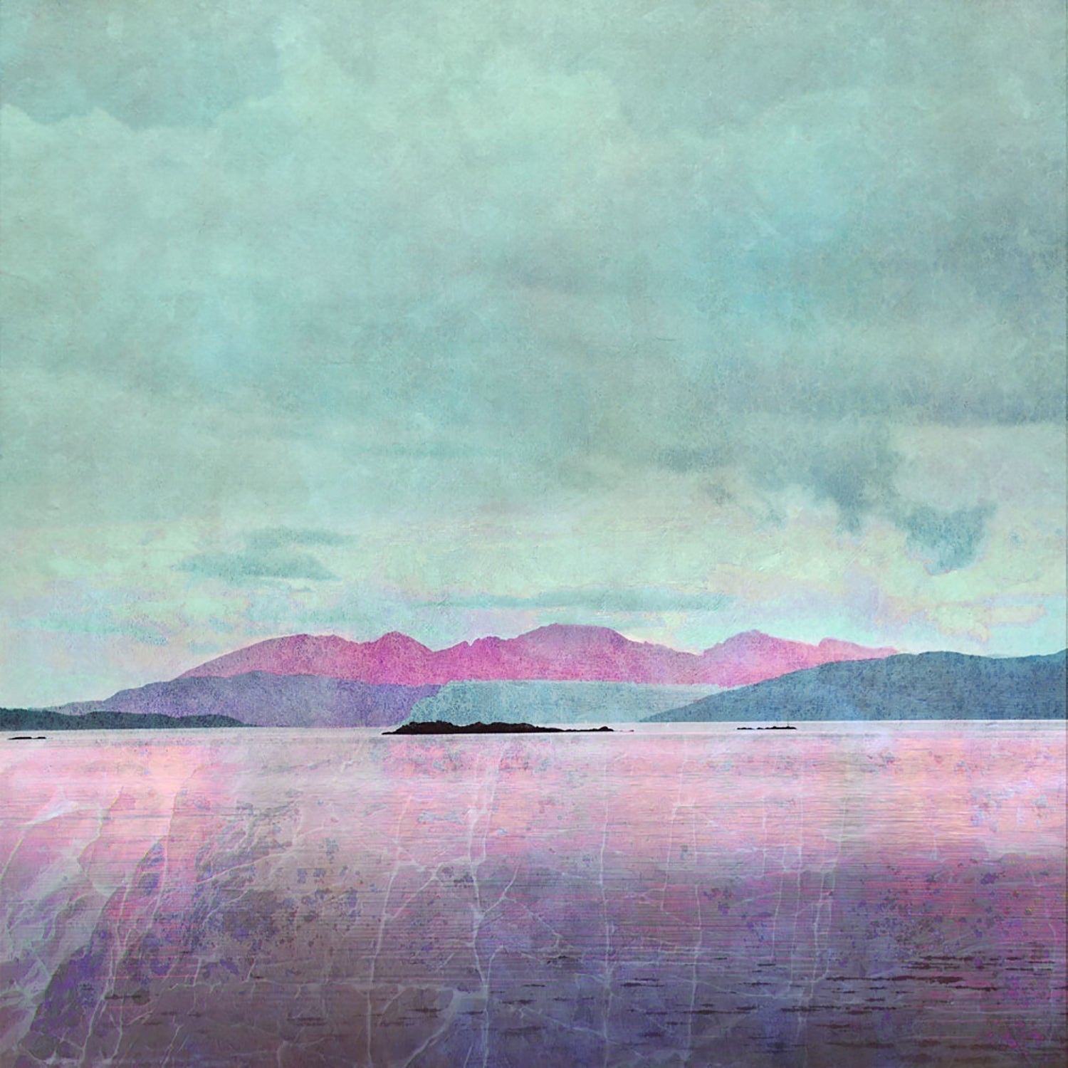 Dreamy watercolor of Isle of Arran mountains in pink, purple hues reflecting in calm water under teal sky, framed print by Cath Waters