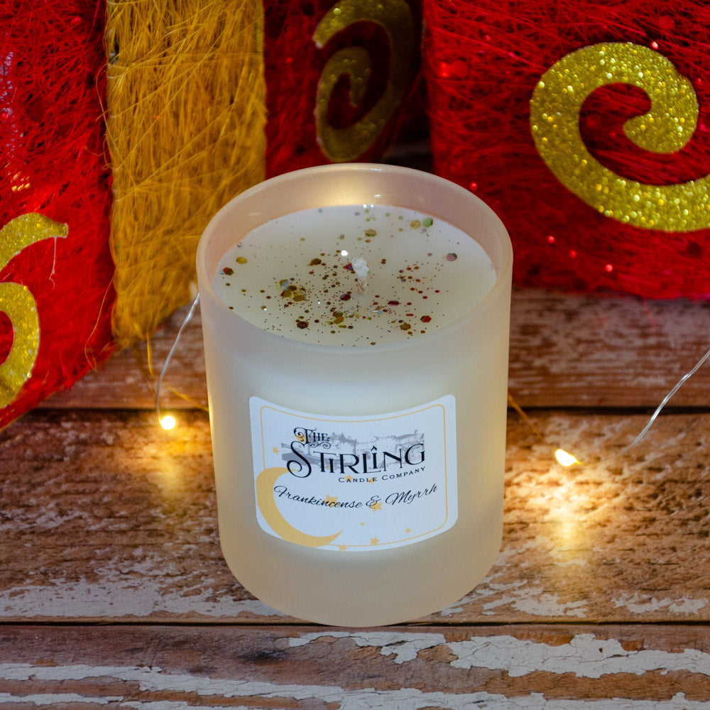 Frankincense & Myrrh medium candle by The Stirling Candle Company with glitter