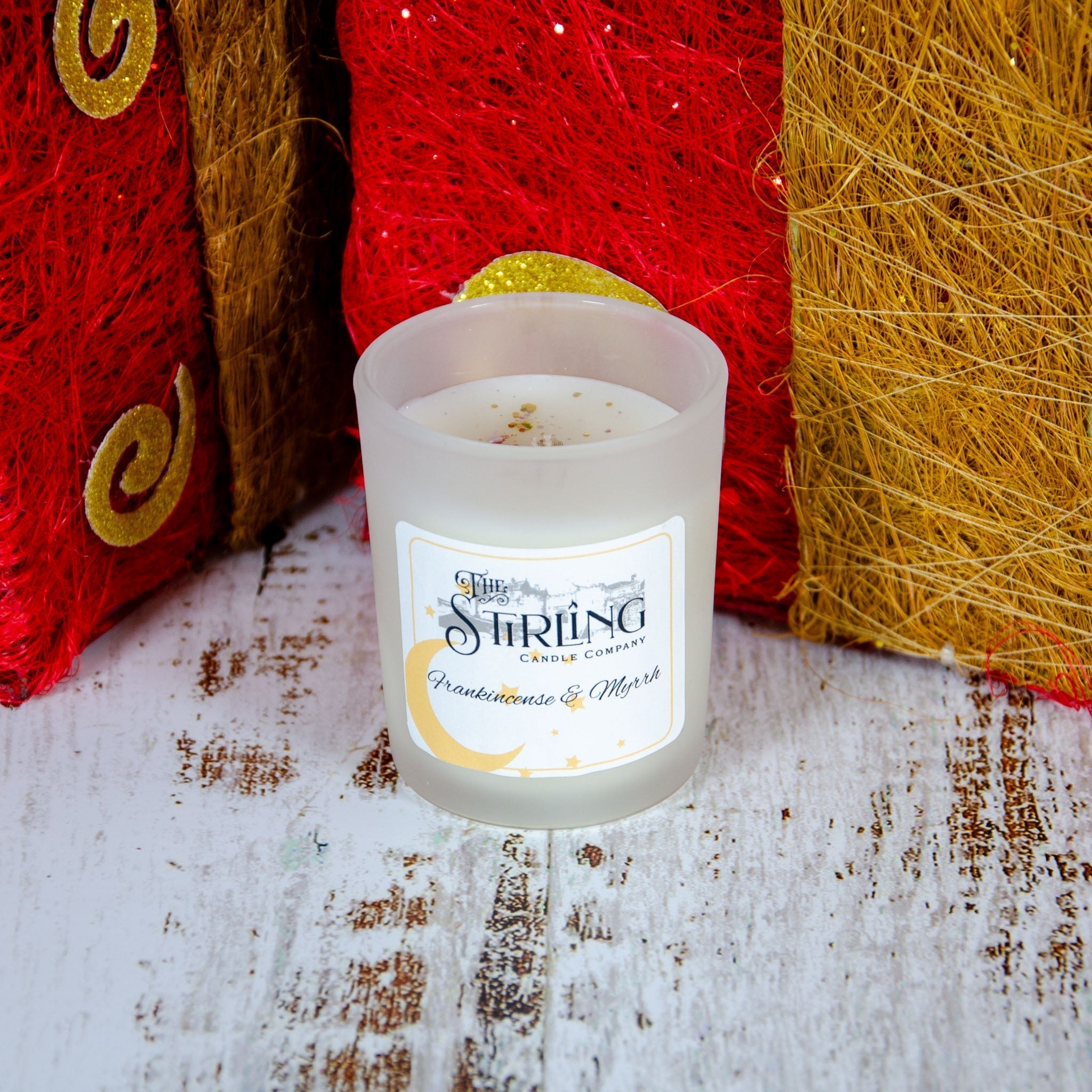 Frankincense & Myrrh small frosted glass candle by The String Candle Company