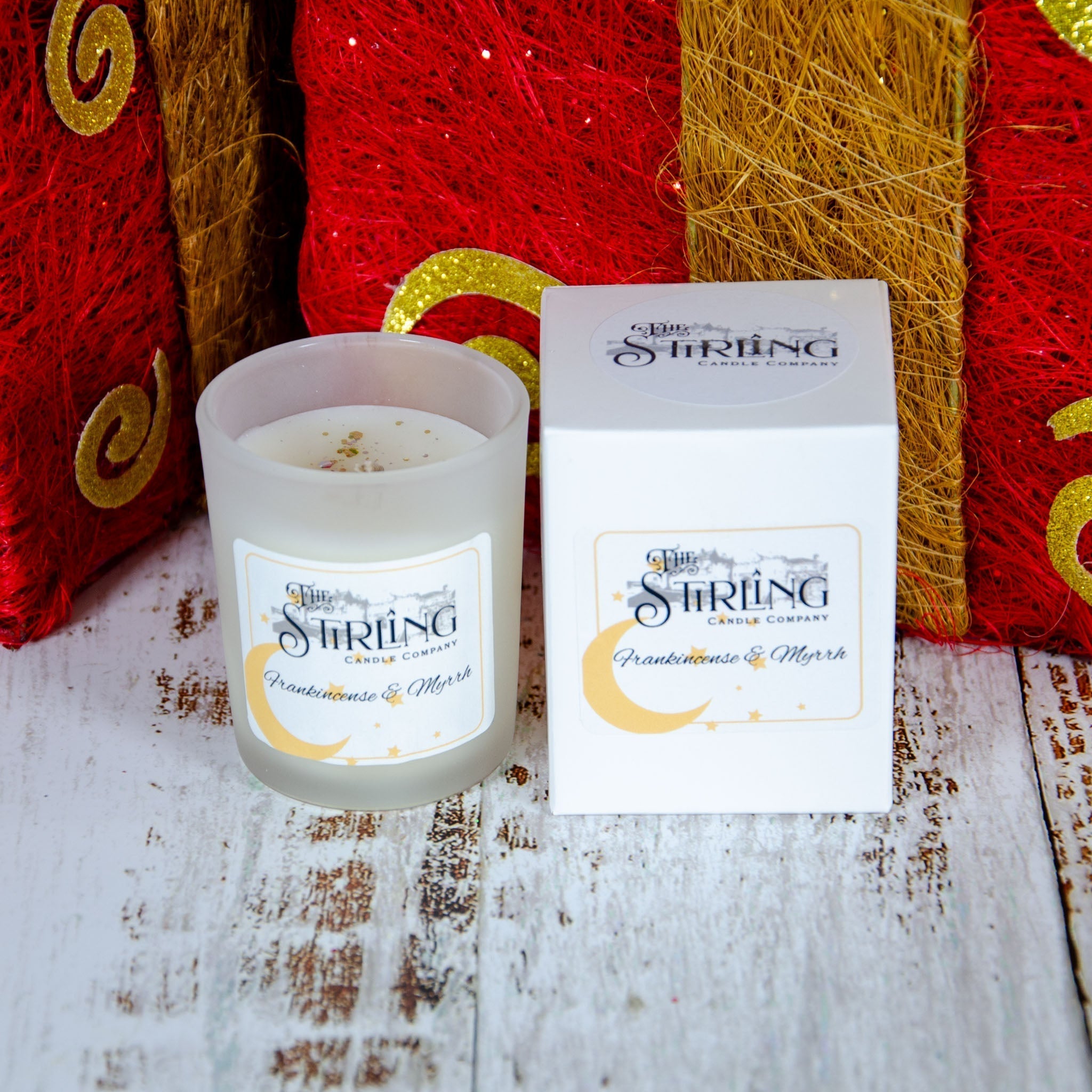 Frankincense & Myrrh small candle in frosted glass from Stirling Candle Company