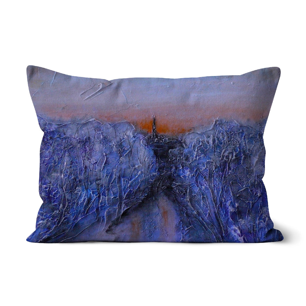 A Frozen River Kelvin Cushion with abstract blue-purple landscape print