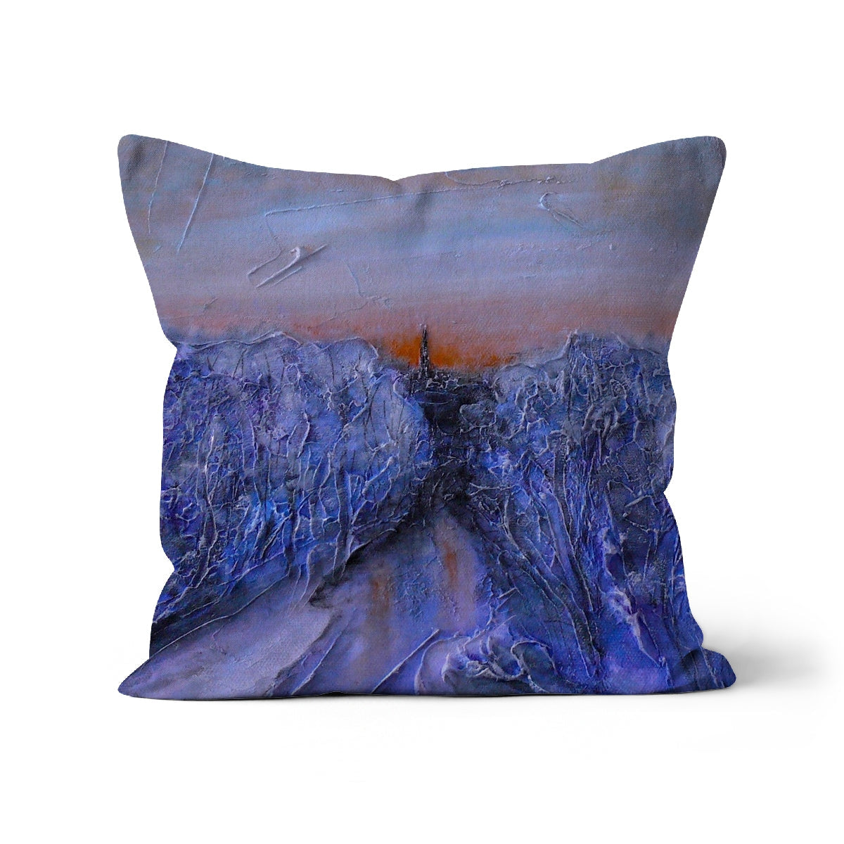 Square Frozen River Kelvin cushion with abstract blue-purple mountain sunset