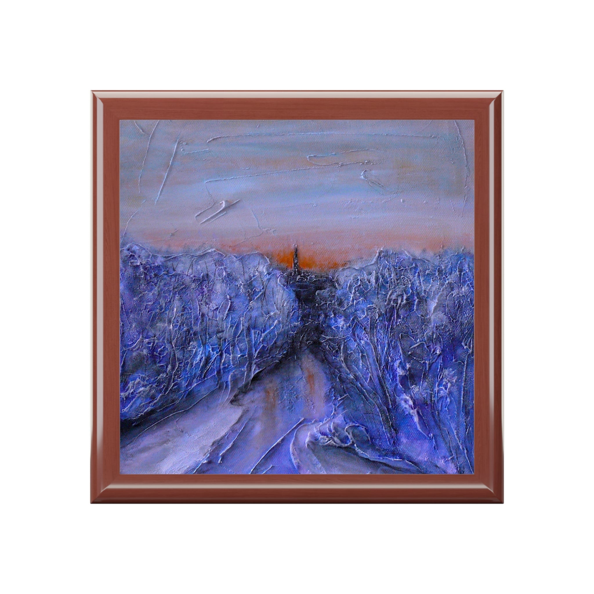 Square-framed abstract painting of frozen river in deep blues, purples, and orange glow, A Frozen River Kelvin Jewellery Box, Scotland