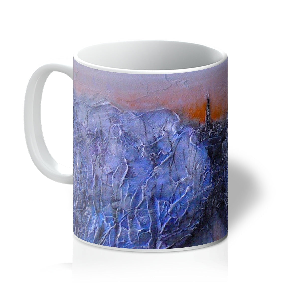 White ceramic Frozen River Kelvin Mug with textured abstract landscape in blues, purples, and orange horizon