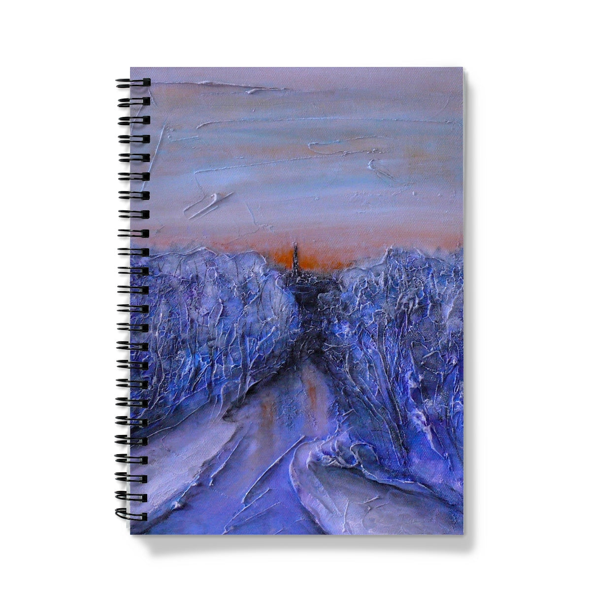 Frozen River Kelvin notebook with impressionistic blue-purple landscape under orange sky
