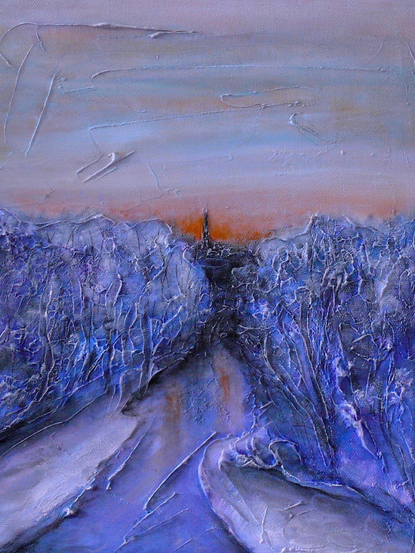 Textured blue and white landscape painting titled A Frozen River Kelvin Original Painting
