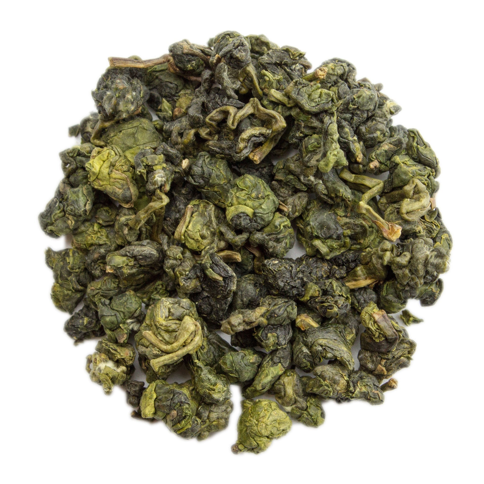 Fujian Dong Ding Oolong Tea: tightly curled dark green leaves with yellowish tips