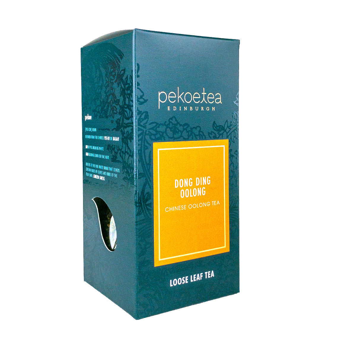 Fujian Dong Ding Oolong Tea box with dark teal packaging and Pekoe Tea Edinburgh yellow label