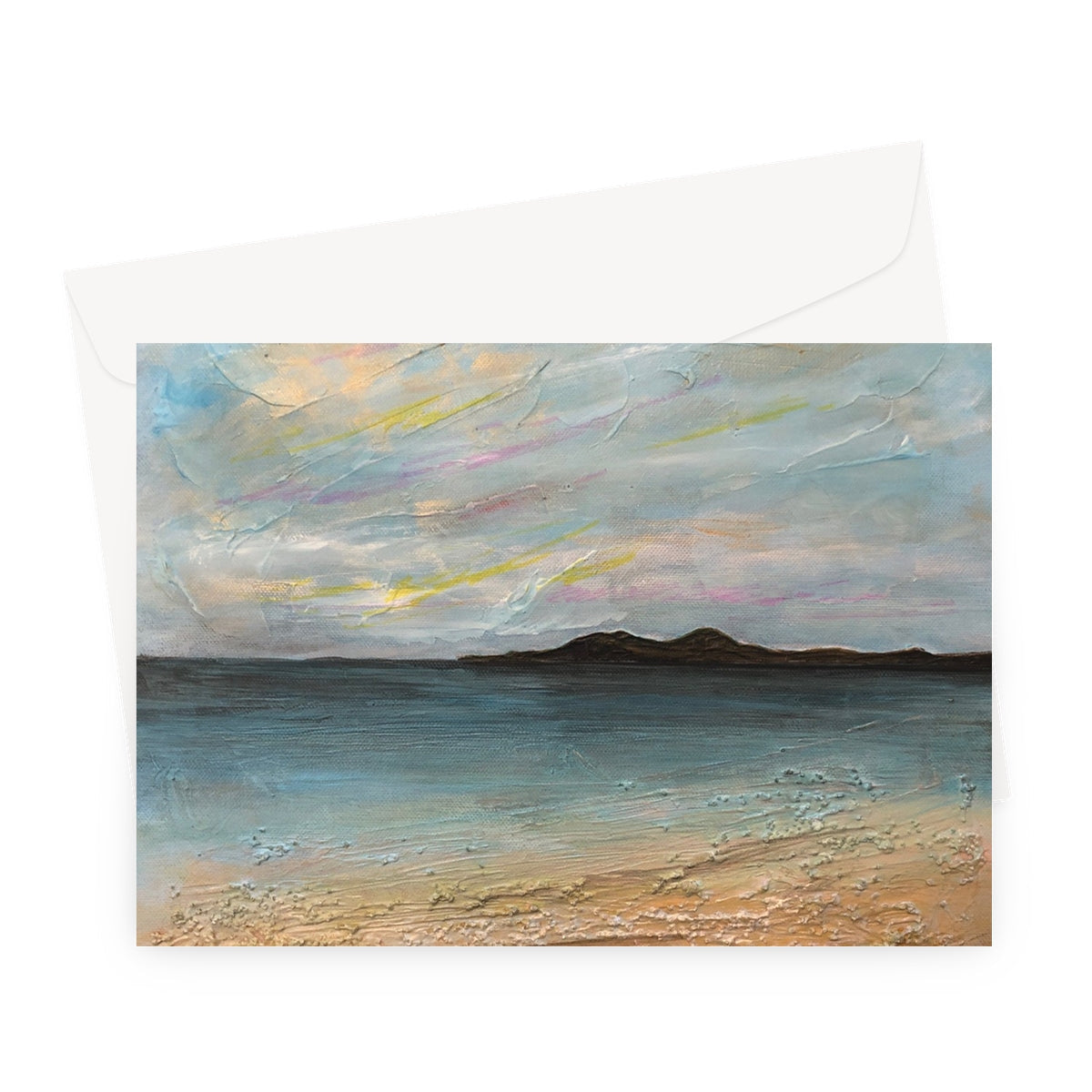 Garrynamoanie Beach South Uist greeting card with pastel sky and ocean design