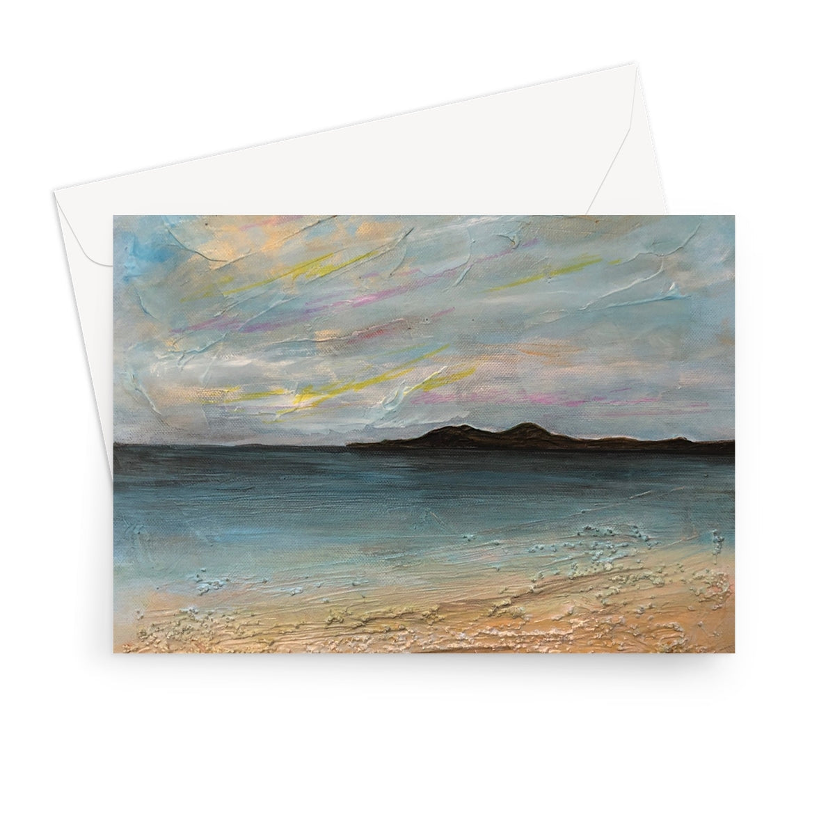 Garrynamoanie Beach South Uist greeting card with textured sand, water, blue sky, clouds