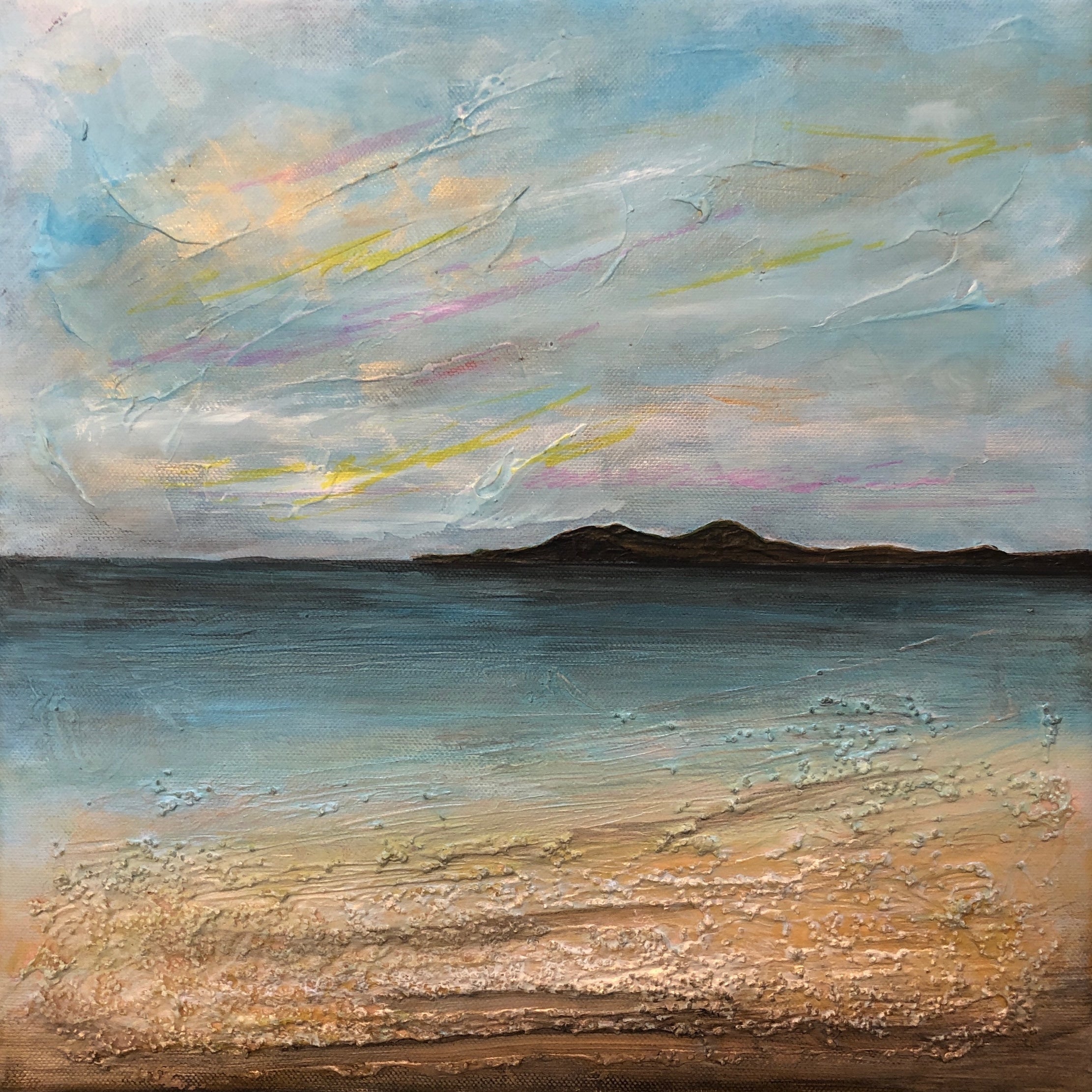 Textured coastal landscape painting of Garrynamonie Beach in vibrant colors