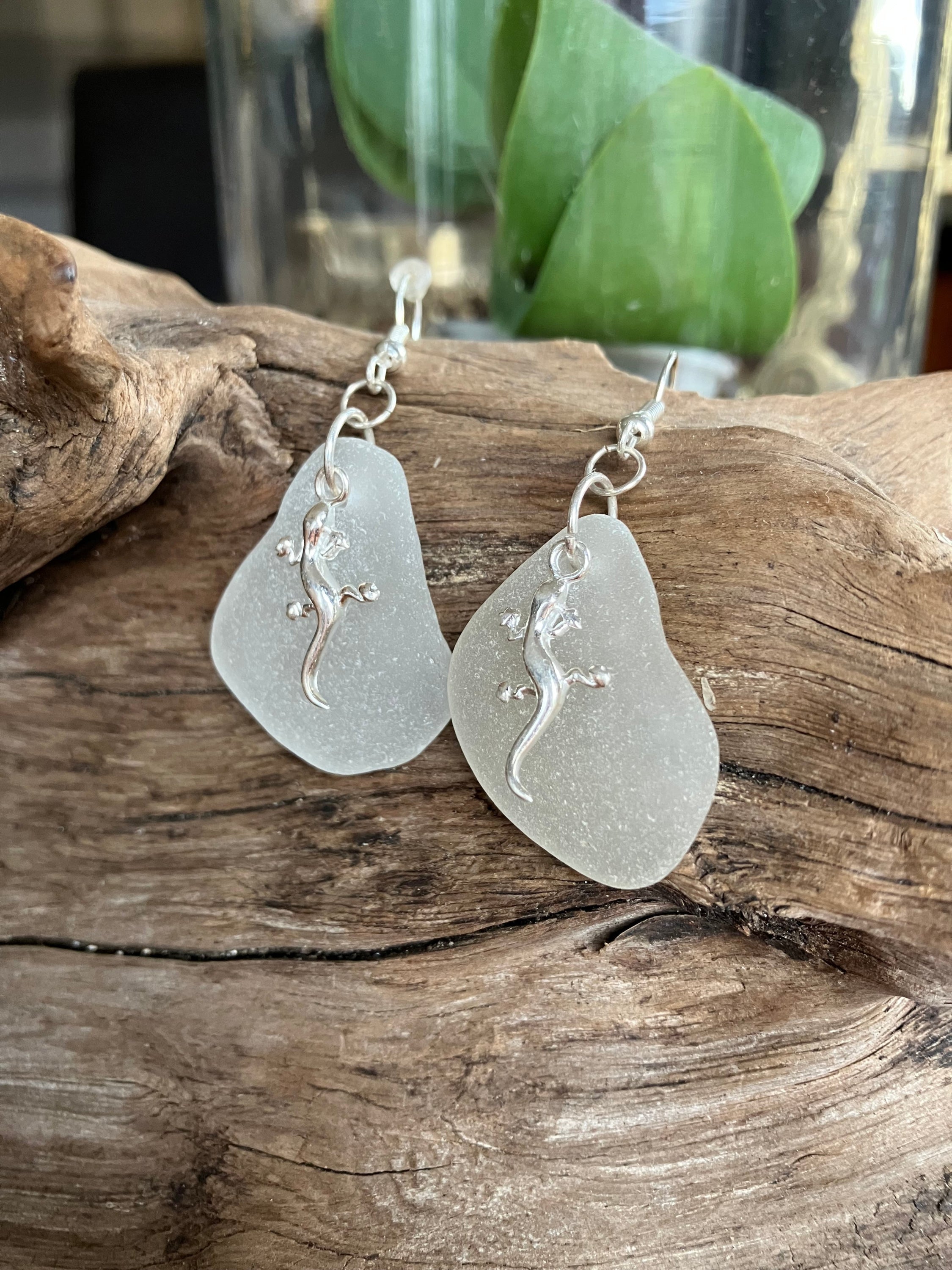 Sea glass earrings with silver lizard charms from Gecko Lizard earrings white 925 Seaglass