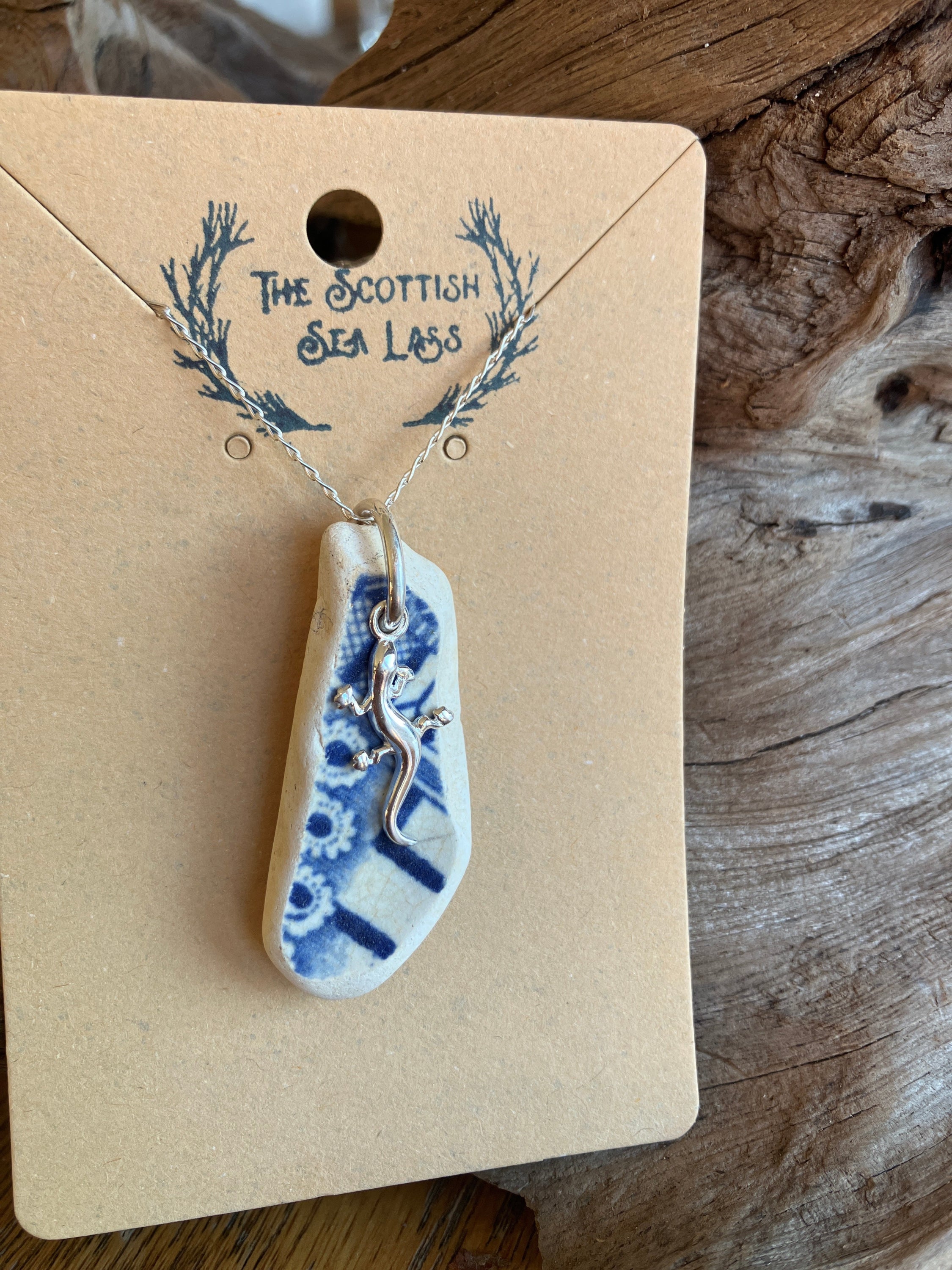 White and blue Sea Pottery necklace with silver lizard charm for Gecko Scottish Sea Pottery 925 pendant