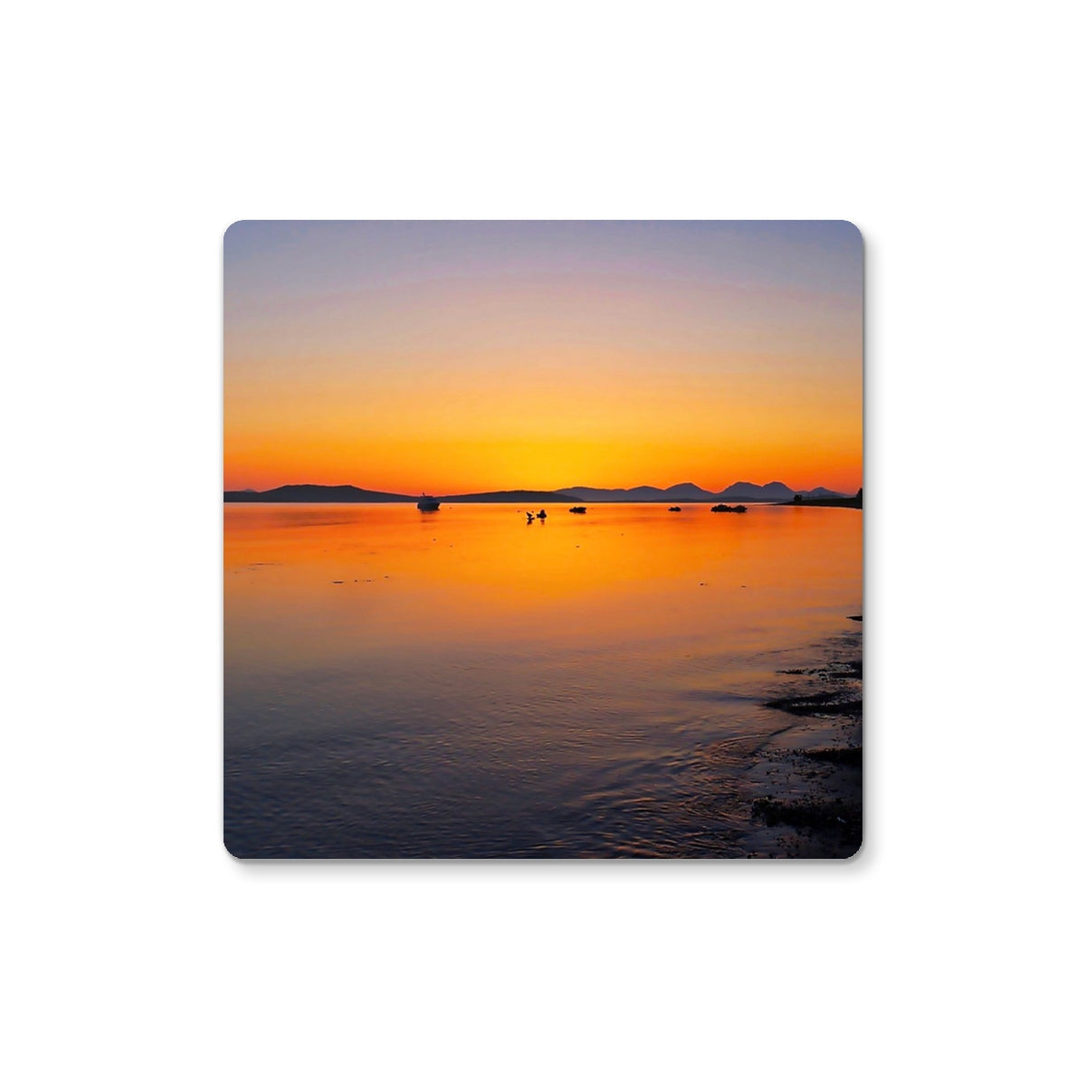 Gigha & Jura Sunset Coaster in vibrant orange and yellow hues