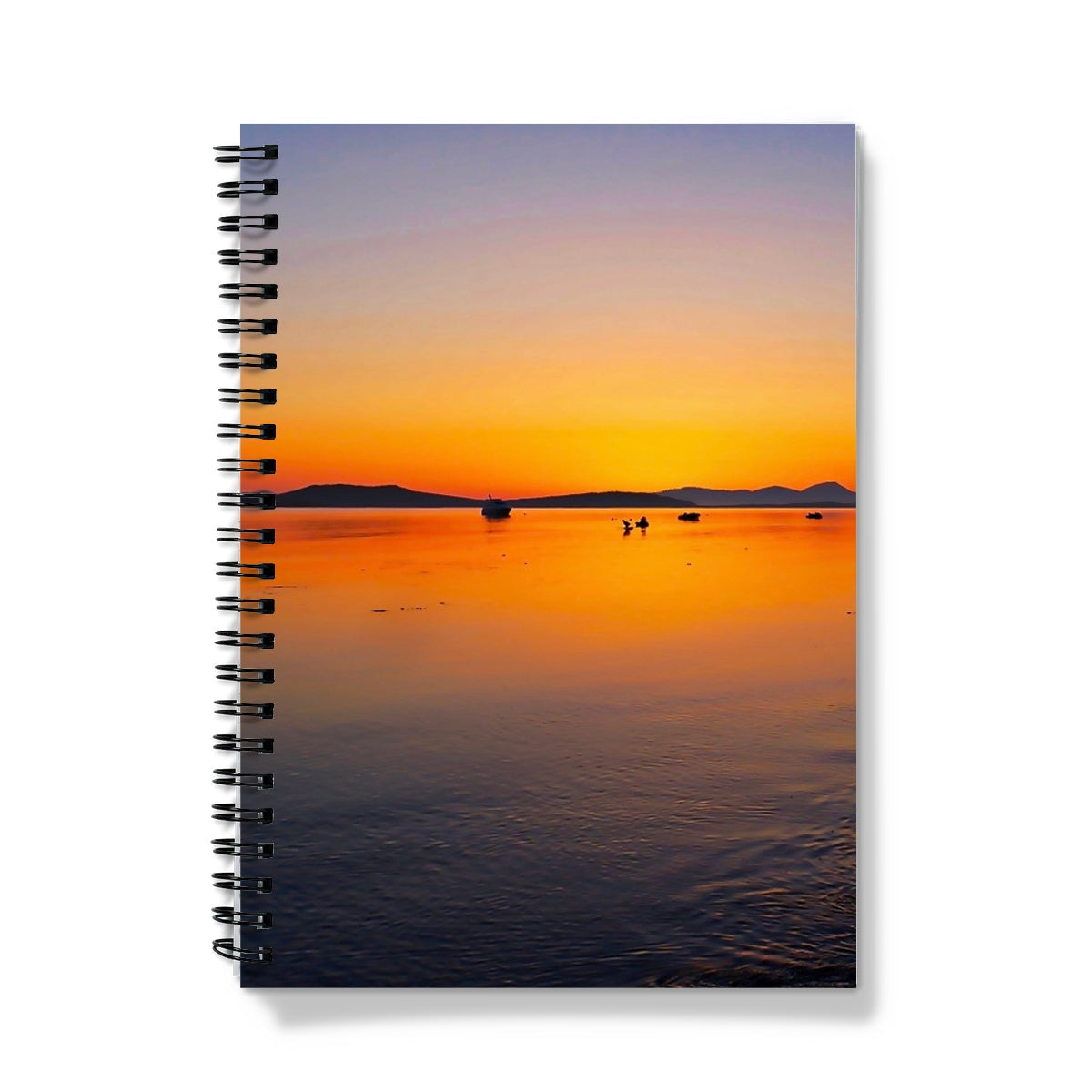 Gigha & Jura Sunset Notebook with vibrant orange purple spiral-bound cover
