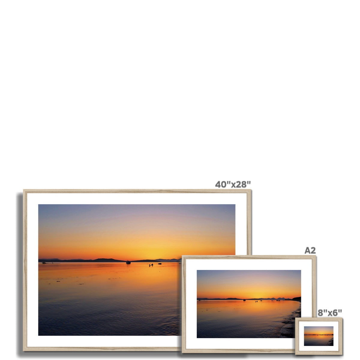 40x28 inch framed Gigha & Jura sunset photo in white frame with gold accents
