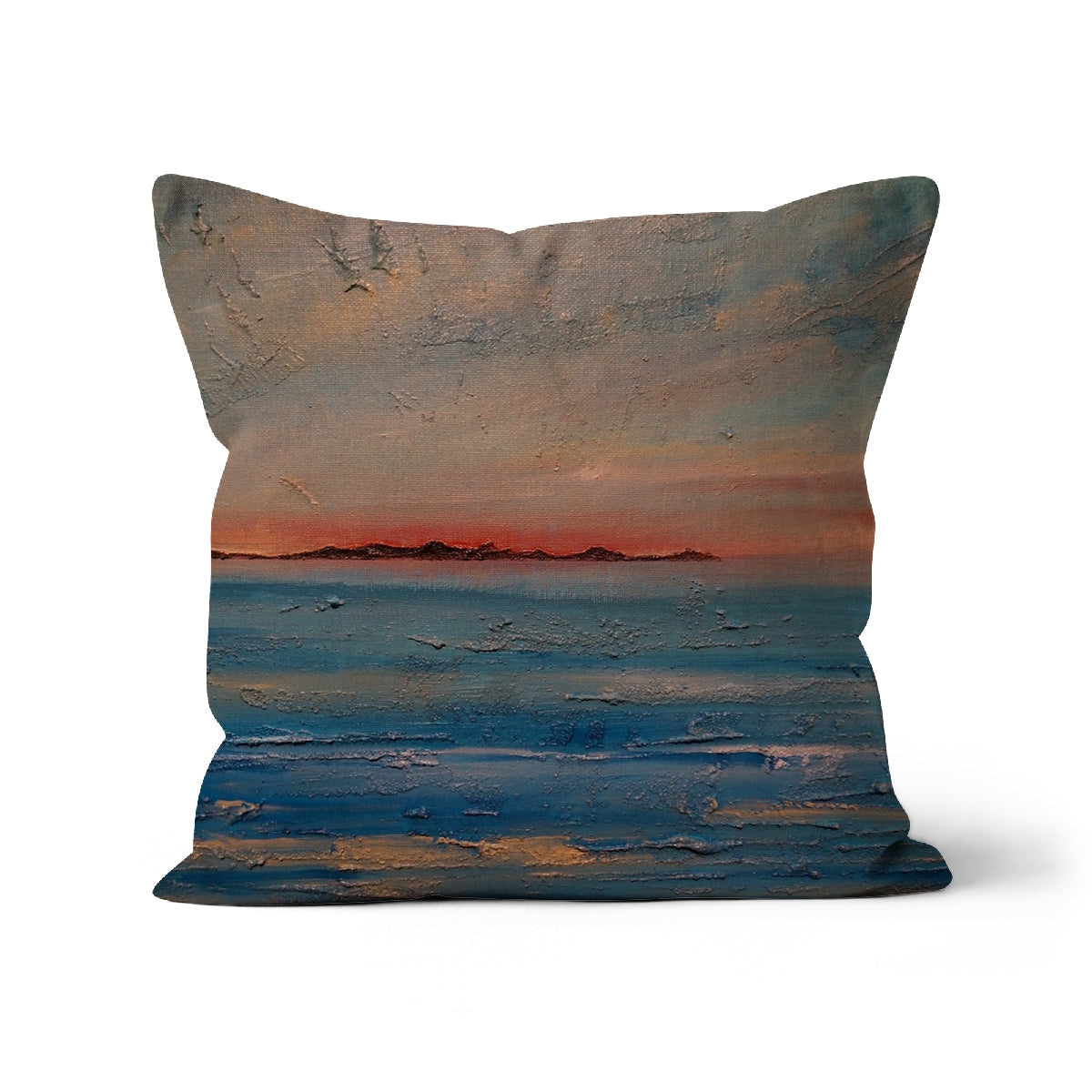 Gigha Sunset Cushion: throw pillow with ocean sunset in blue and orange hues on textured fabric
