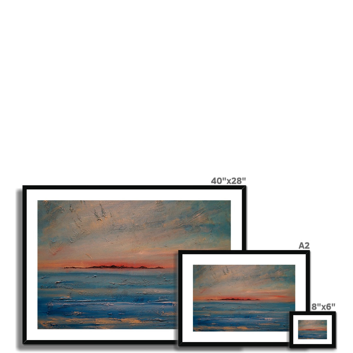 Gigha Sunset 40x28 framed ocean artwork with black frame and white mat
