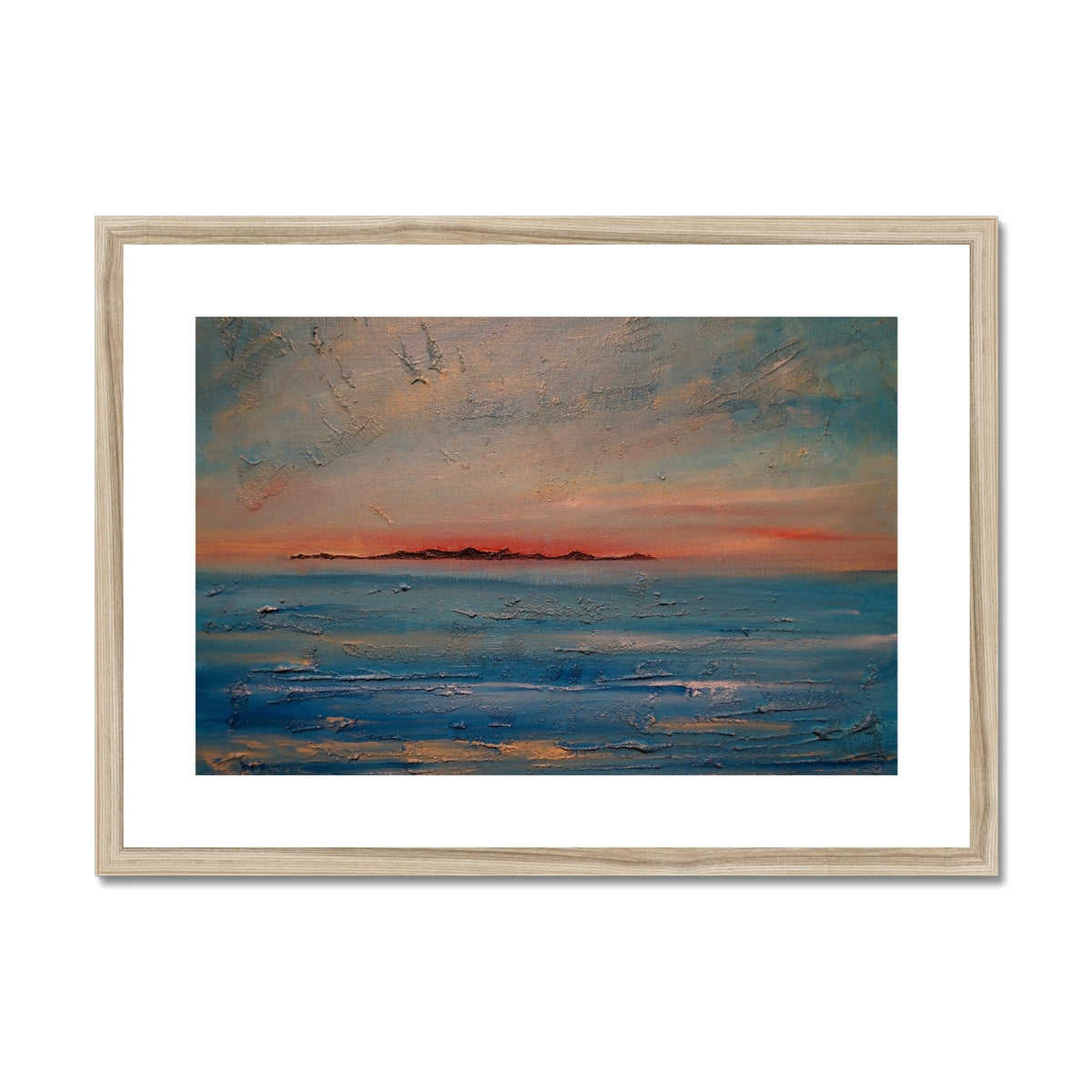 Minimalist Gigha Sunset Art Print in natural wood frame