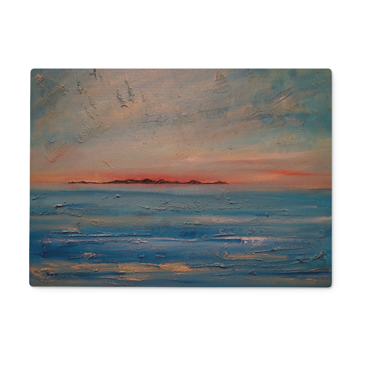 Gigha Sunset glass chopping board with ocean painting