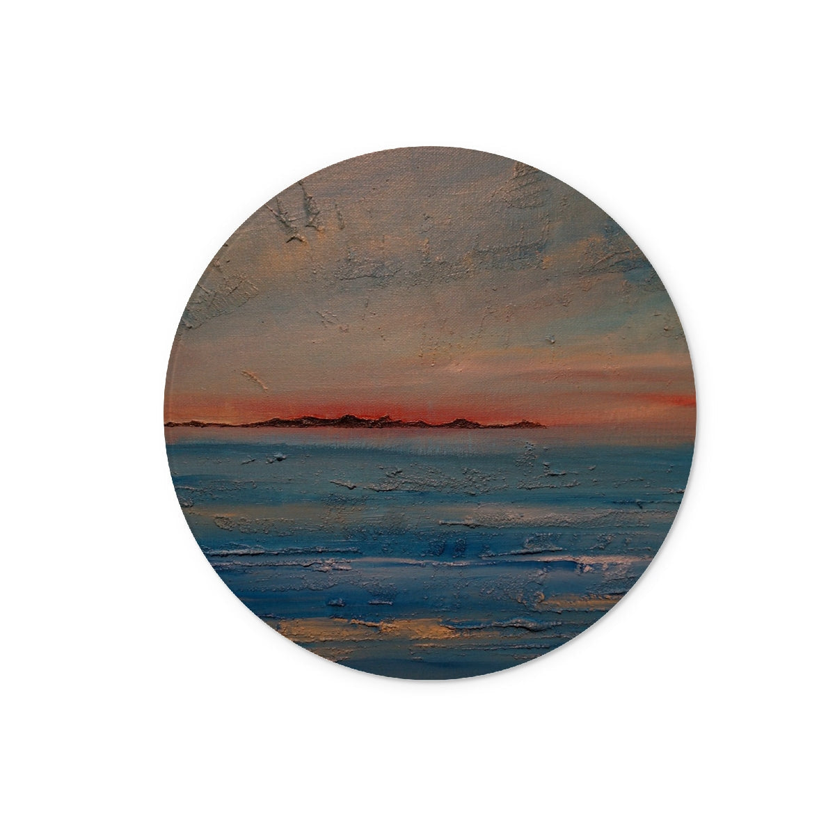 Gigha Sunset circular glass chopping board with serene painted canvas texture