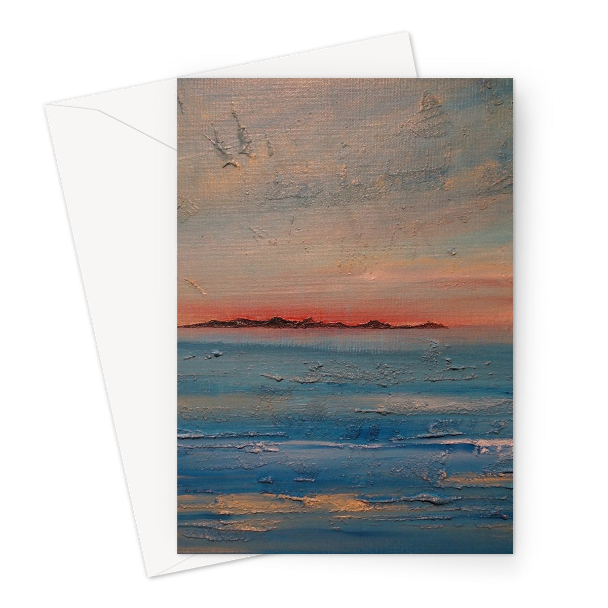 Gigha Sunset greeting card with textured beach sunset in warm orange, pink, blue, gray hues