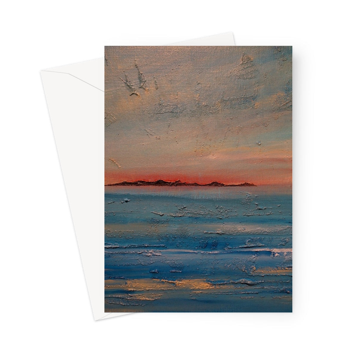 Gigha Sunset Greeting Card: textured pastel beach scene