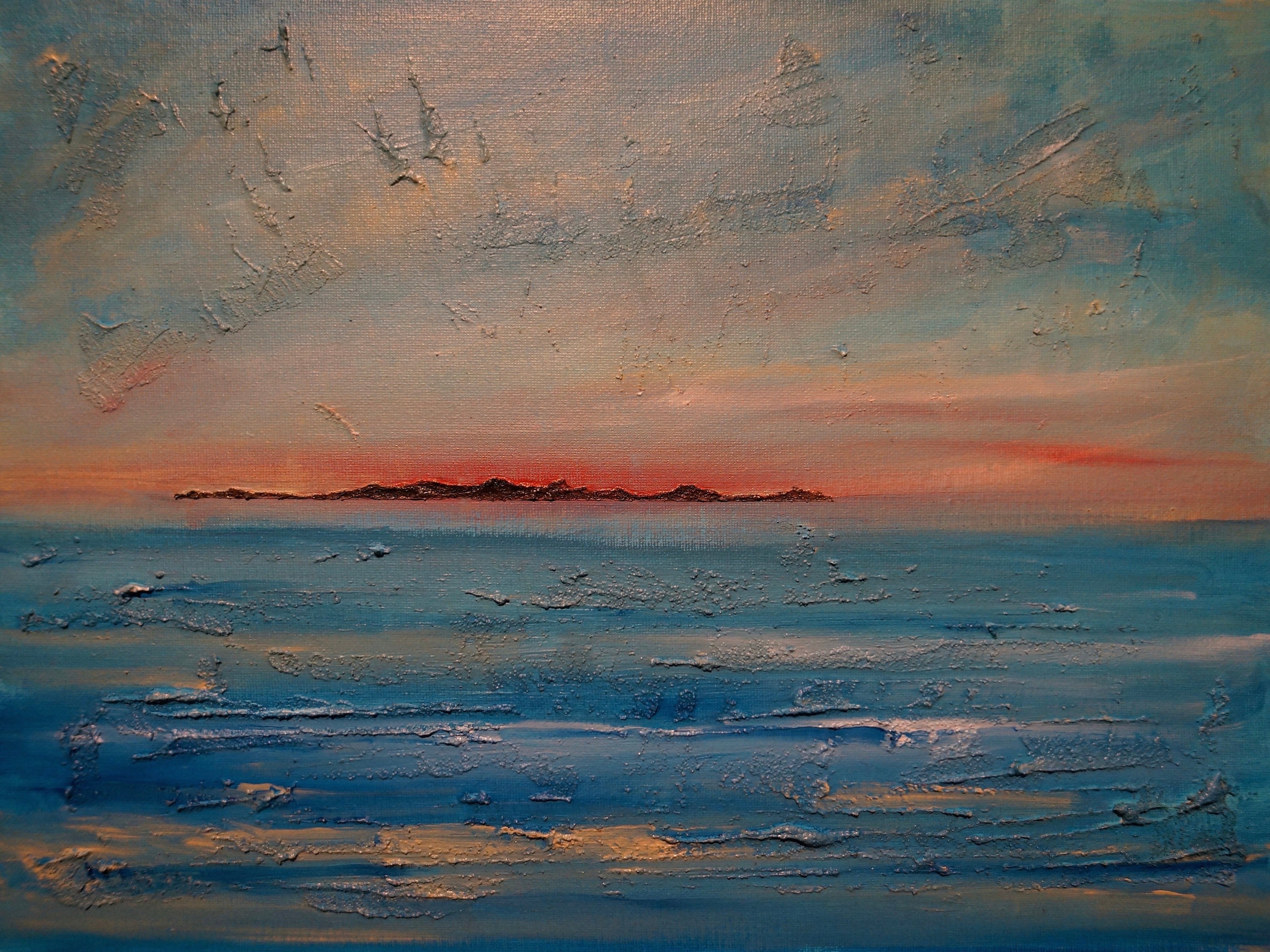 Textured Gigha Sunset seascape painting showcasing vibrant colors and artistic detail