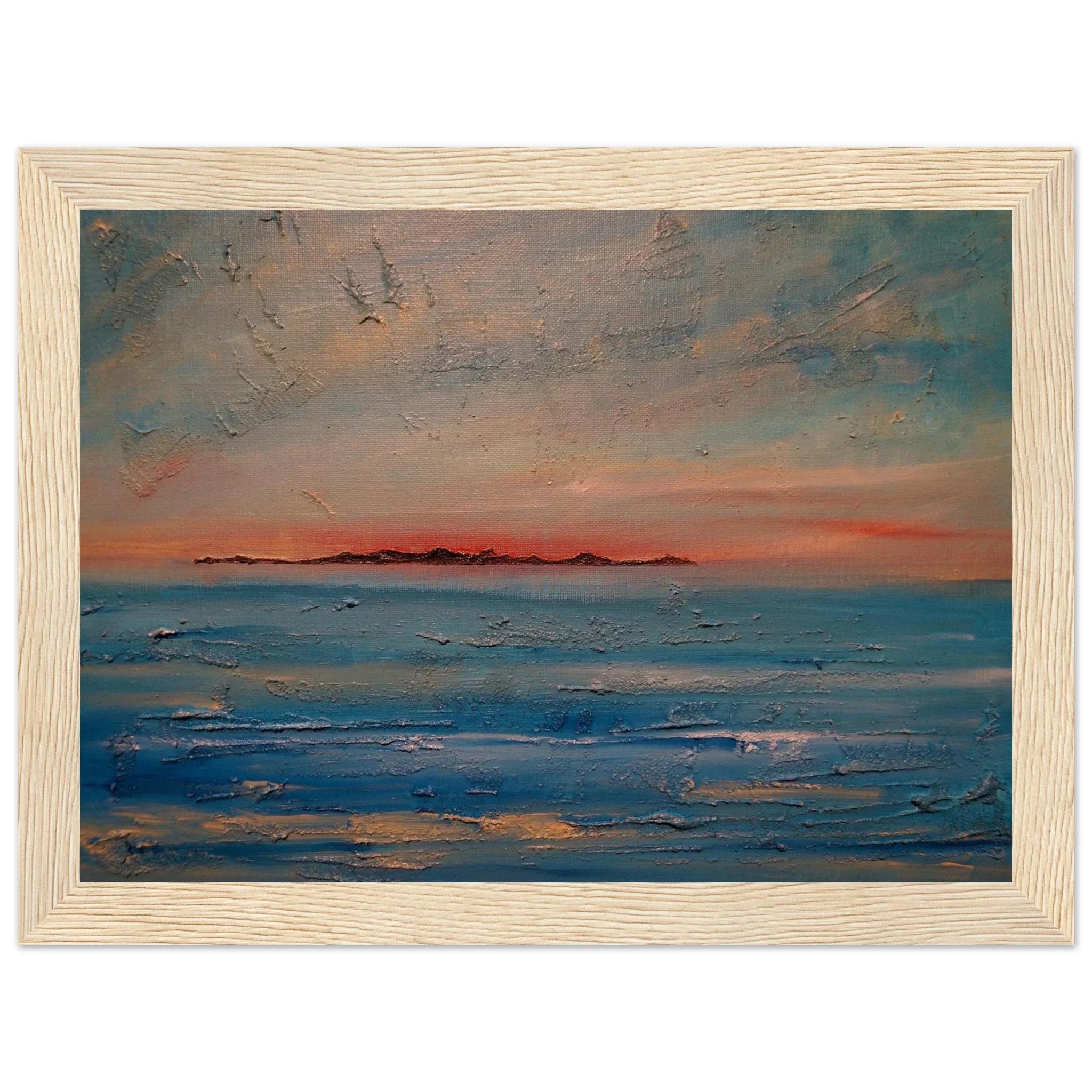 Textured oil painting of Gigha Sunset over Scottish ocean in light wood frame