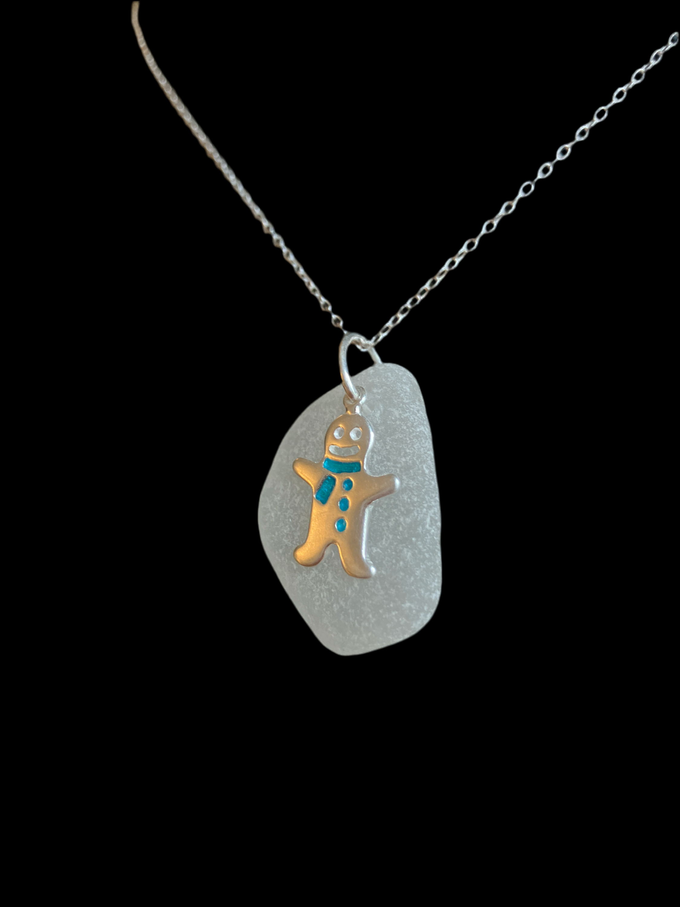 Gingerbread man on frosted sea glass 925 silver necklace