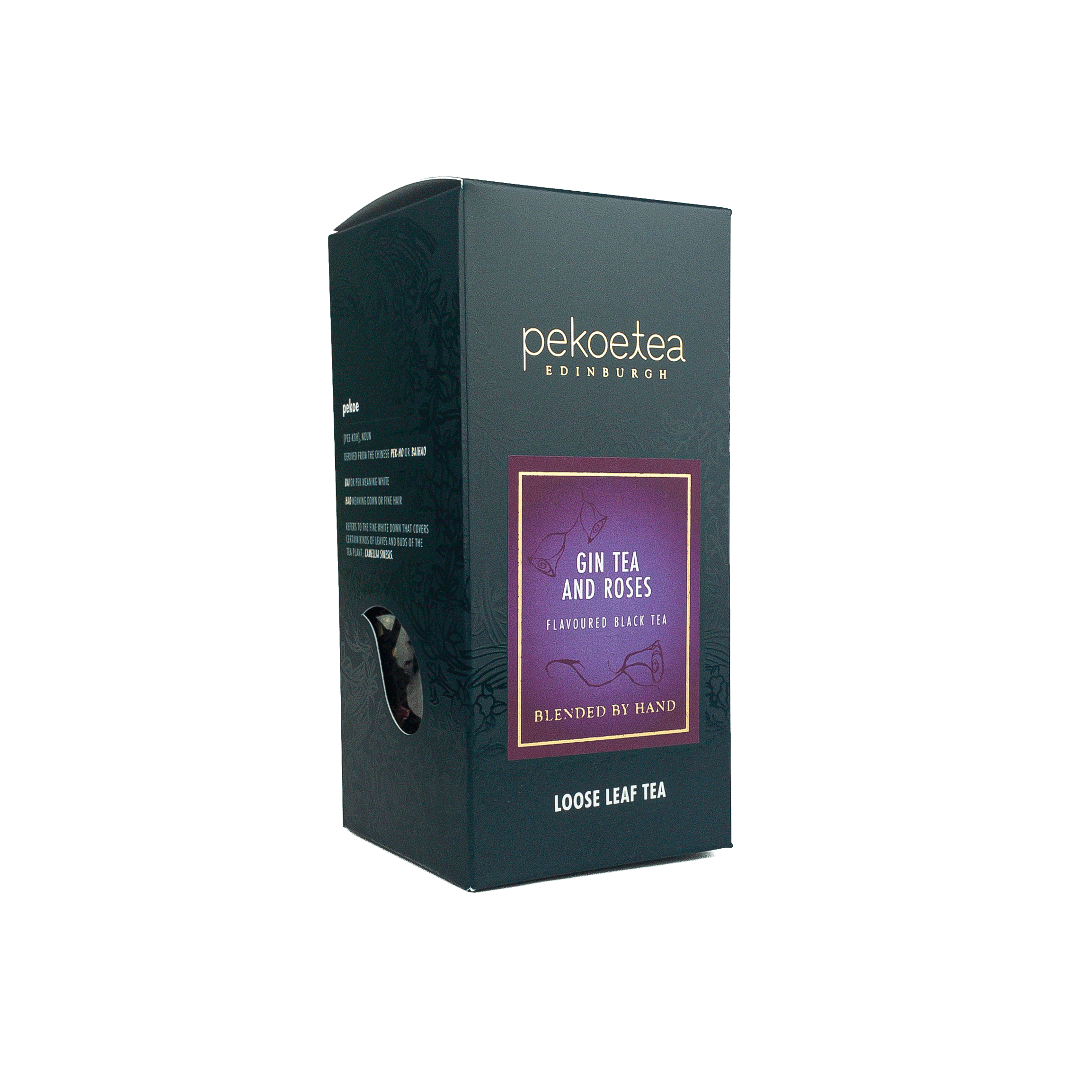 Dark green box of Pekoe Tea Edinburghs Gin and Roses black tea