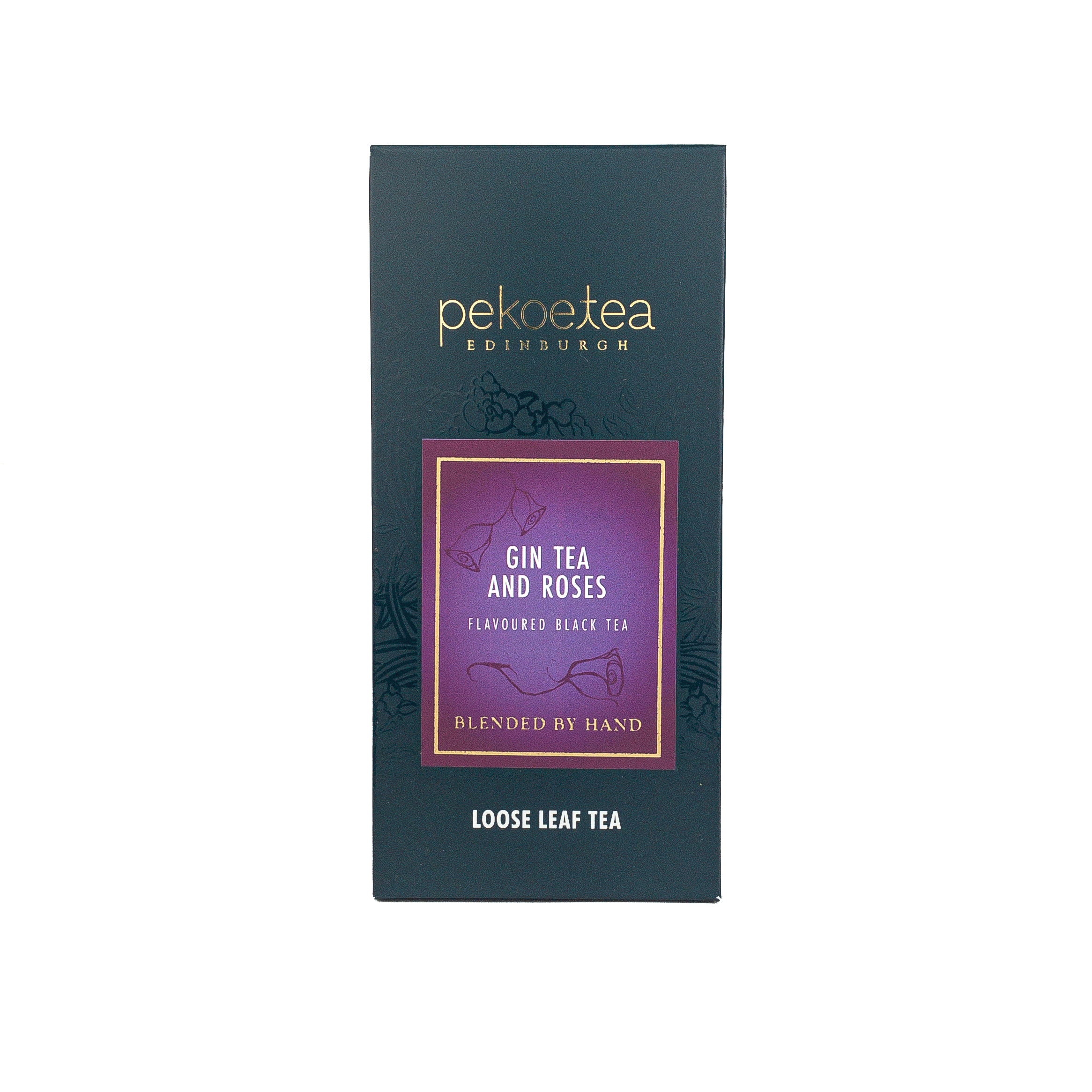 A sleek dark teal rectangular box of Edinburgh’s Gin Tea and Roses flavoured black pekoe tea with a purple gold label