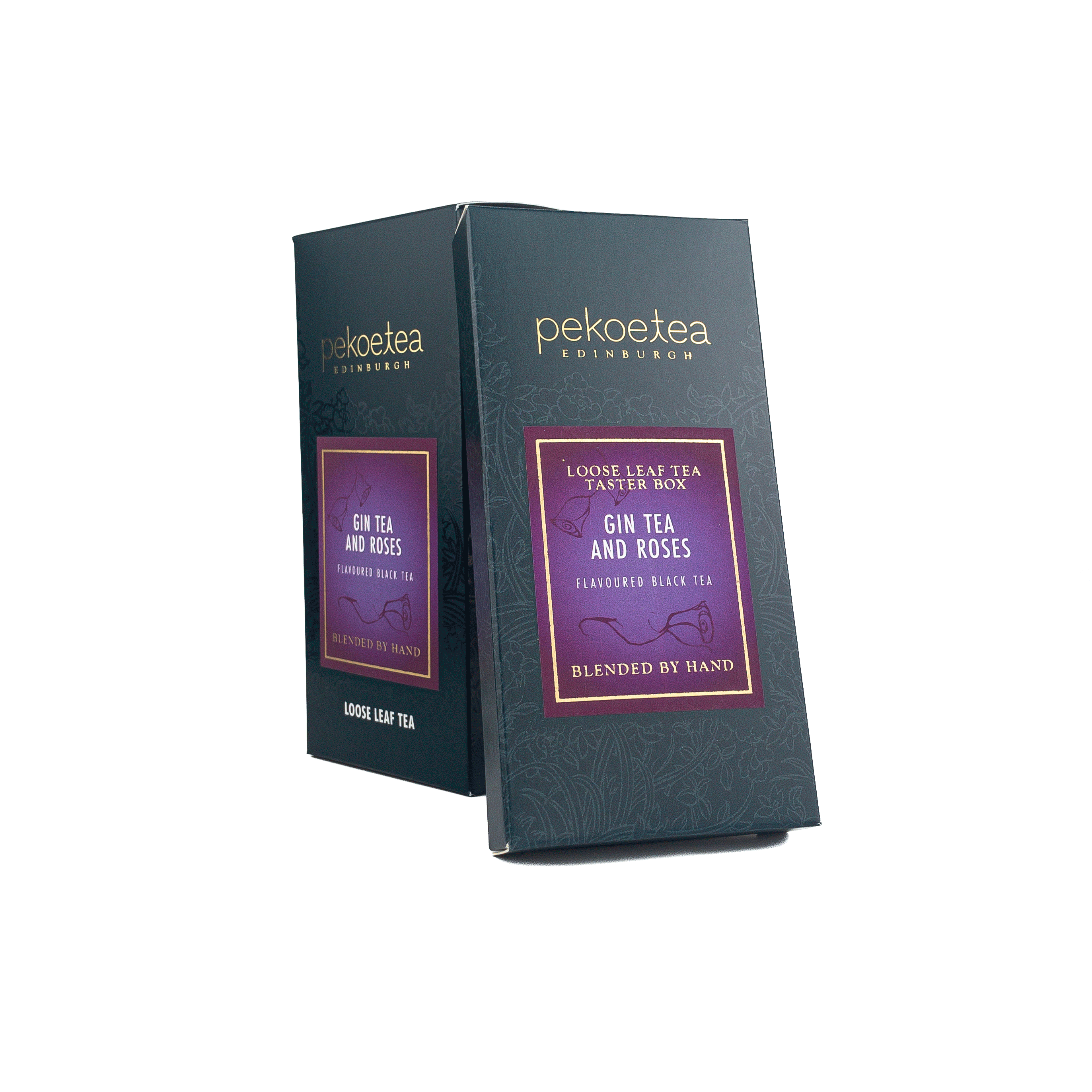 Dark green rectangular box of pekoe tea edinburghs gin tea and roses flavoured black tea with purple and gold label