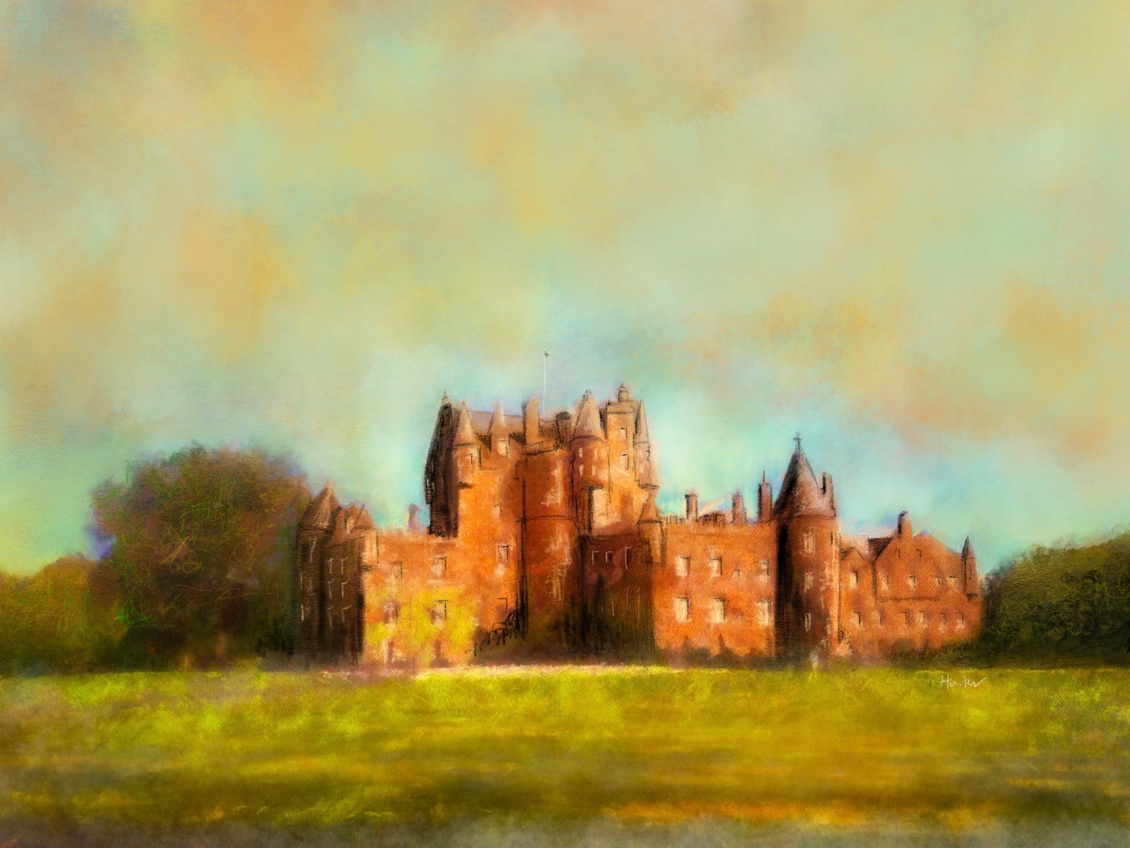 Glamis Castle Scottish landscape painting featuring a grand red-brick castle with turrets and green fields