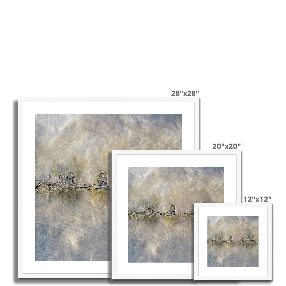 28x28 inch white framed Glasgow Docks in Mist abstract art print