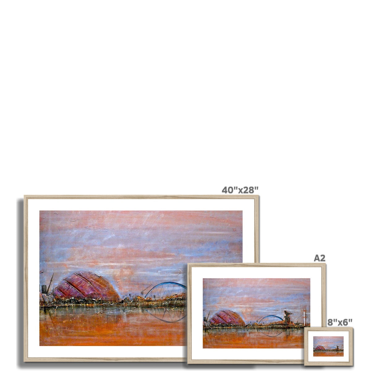 40x28 Framed Abstract Landscape Painting in Orange Blue Tones - Glasgow Harbour Art Prints