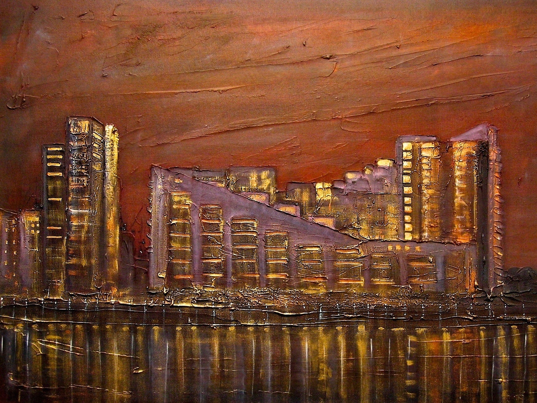 Textured cityscape painting of Glasgow Harbour Flats for art collectors