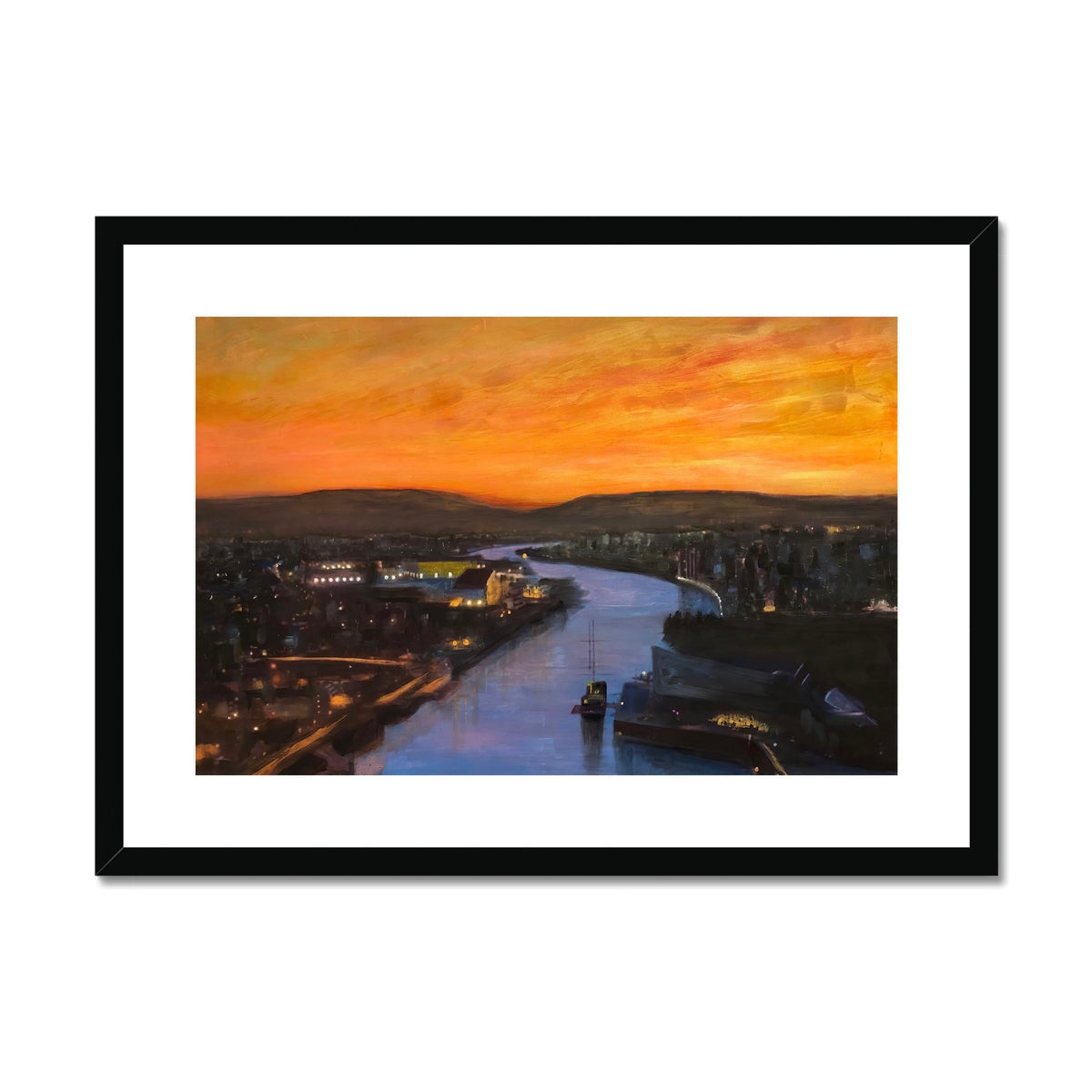 Glasgow Harbour Looking West framed cityscape art print at sunset