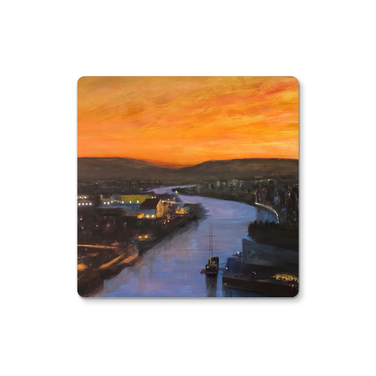 Square Glasgow Harbour Looking West coaster with painted sunset over river, cityscape and boats