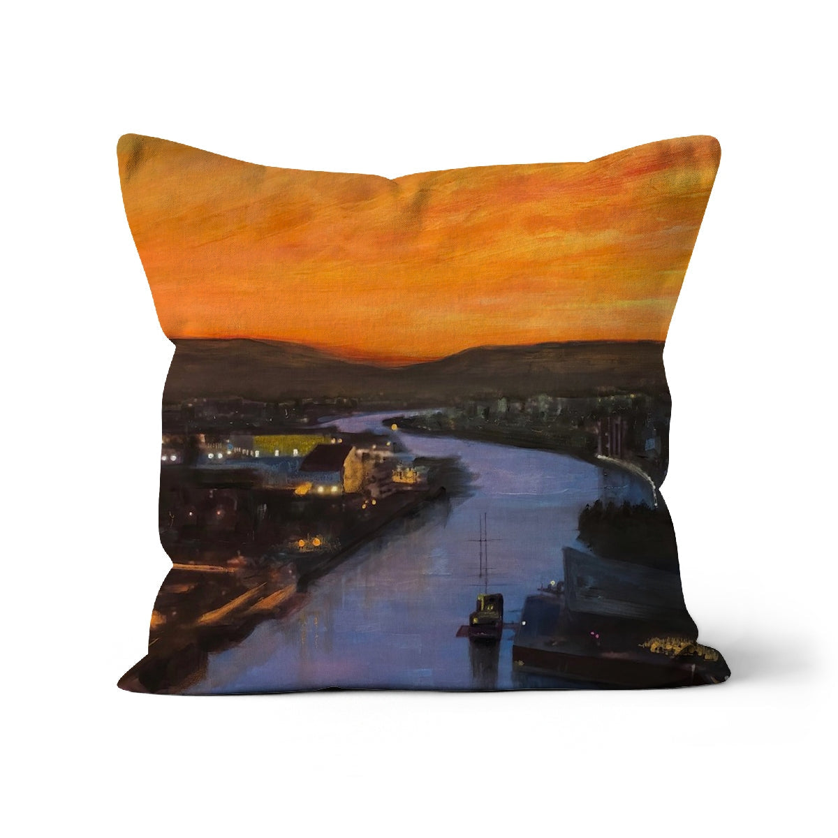 Glasgow Harbour Looking West square cushion with sunset over river