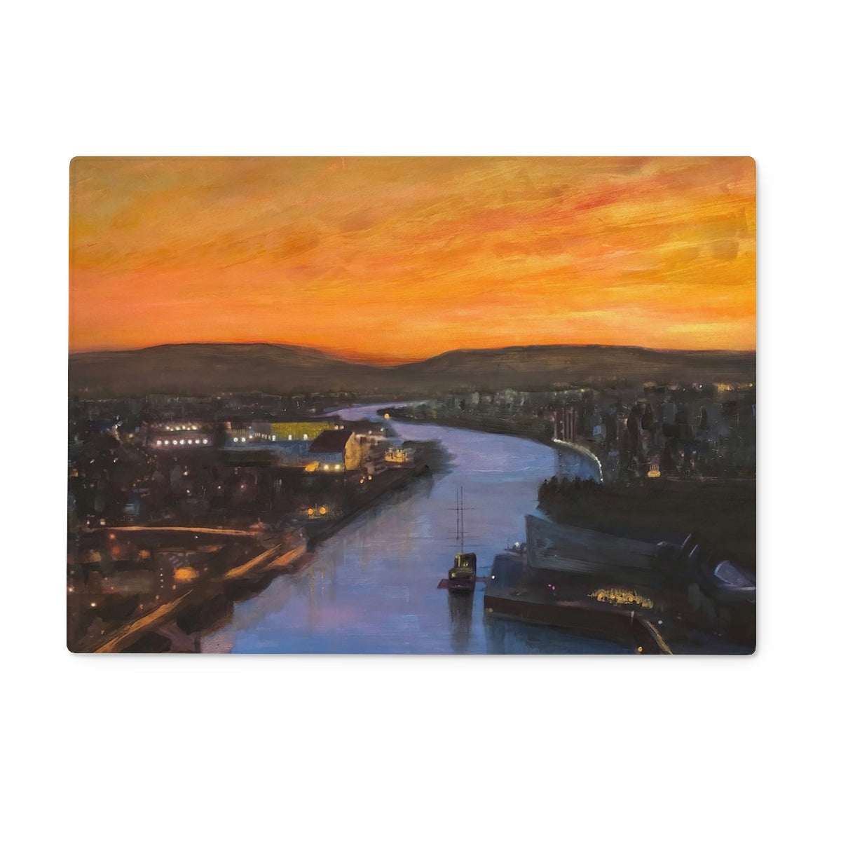 Glasgow Harbour sunset cityscape on glass chopping board
