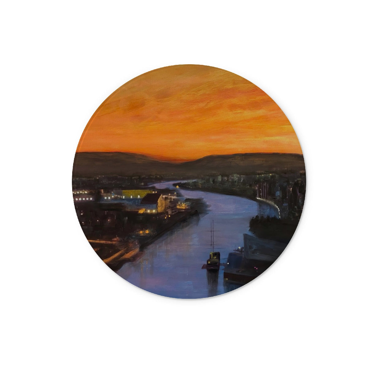 Glasgow Harbour west sunset cityscape on glass chopping board