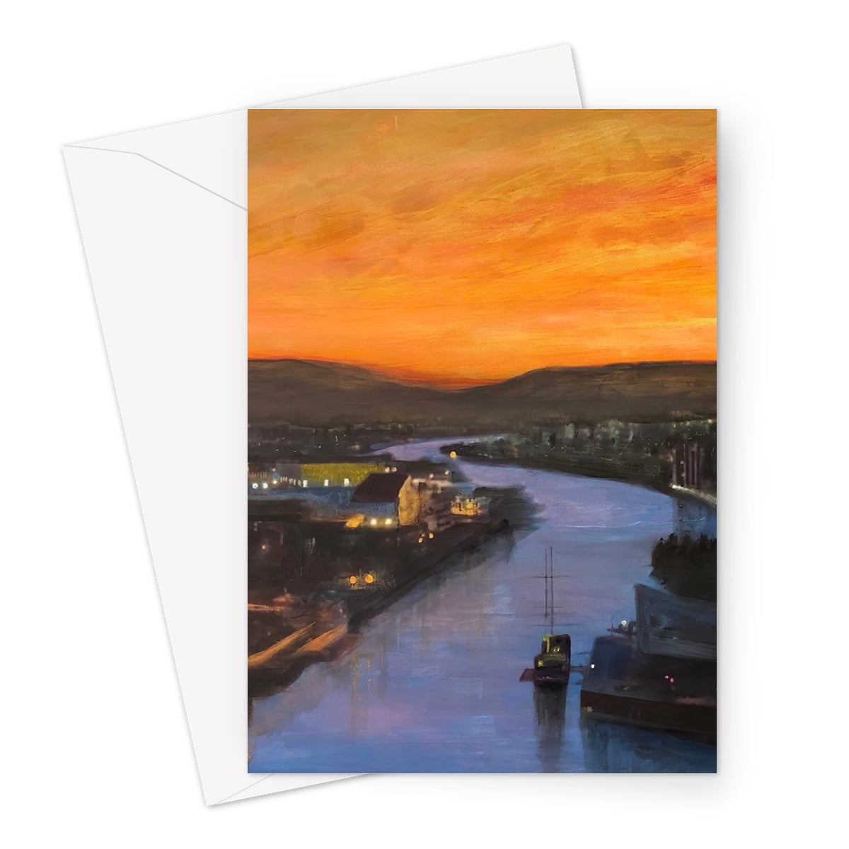Glasgow Harbour Looking West greeting card with painted sunset over river